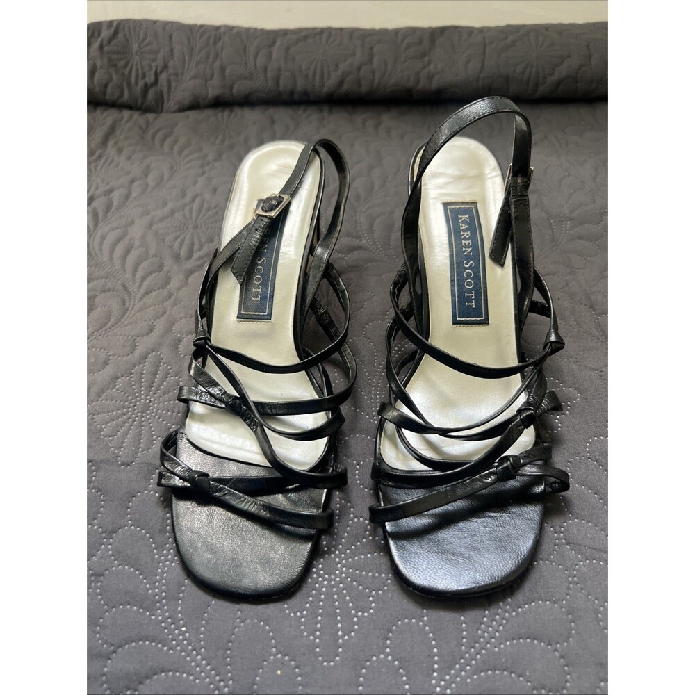 Karen Scott Dinah Open Toe Black Strappy Heels Thin Block Heel SZ 8.5M Comfort